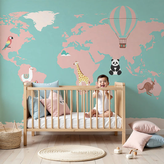 Kids-Mundo pink world map wall mural with panda and giraffe in a bright children's nursery