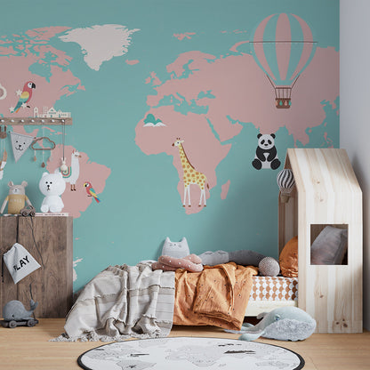 Kids-Mundo pink and teal world map mural with animals covering a playroom feature wall