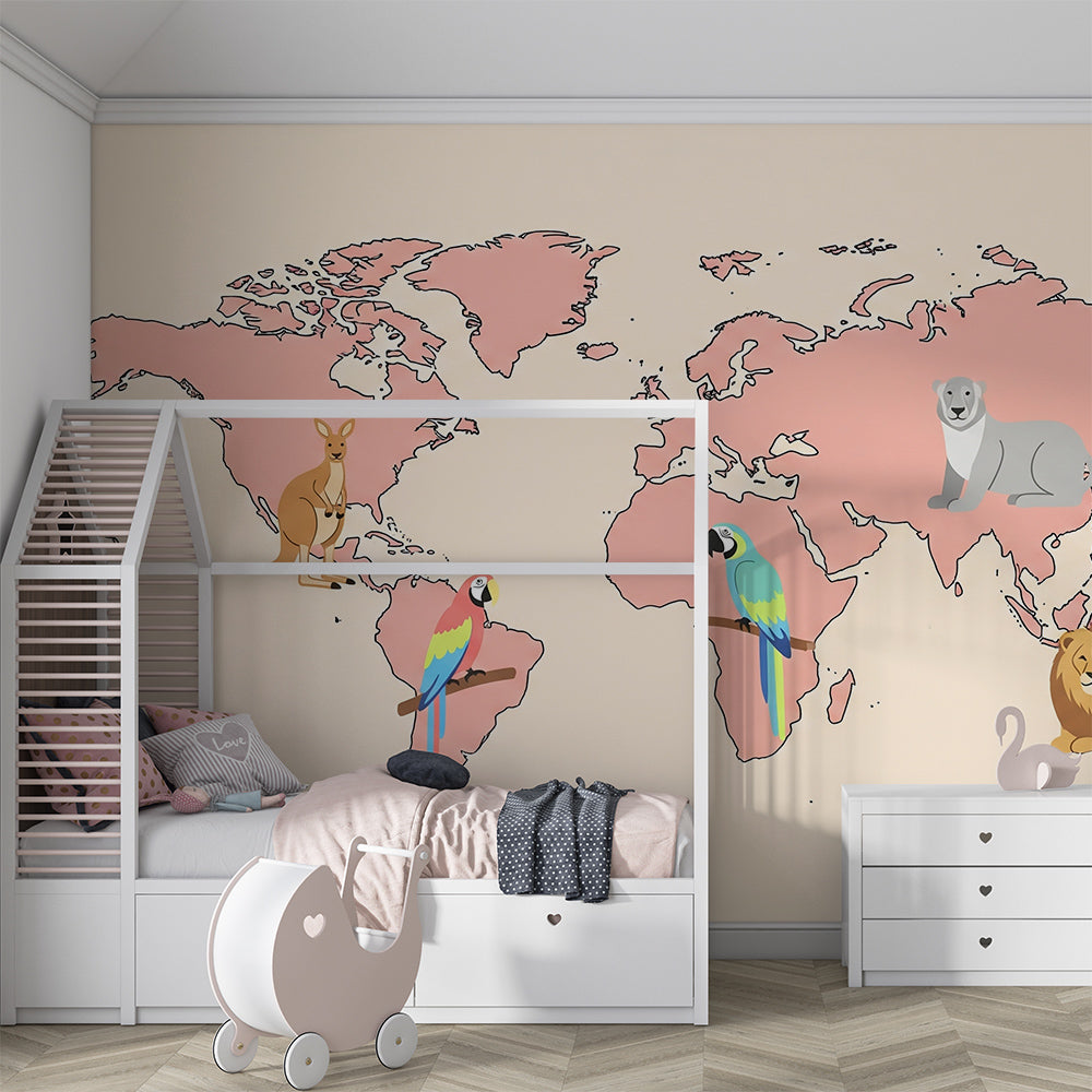 Kids-Mundo pink world map wallpaper with jungle animals brightening a children's playroom