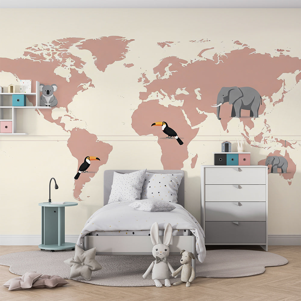 Kids-Mundo pink world map wall mural with koala and elephants covering a wall in a kids' bedroom