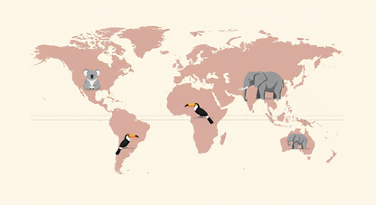 Kids-Mundo flat artwork of a dusty pink world map with a koala, toucans and a mother-and-baby elephant