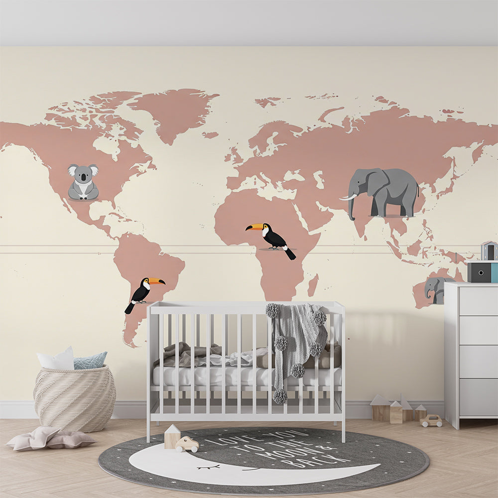 Kids-Mundo dusty pink world map wall mural bringing toucans and elephants into a children's playroom