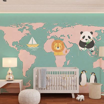 Kids-Mundo pink world map mural with sailboat on a child's bedroom wall