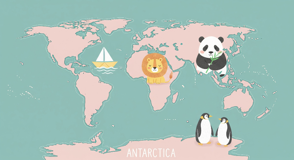 Pink World Map with Lion, Panda and Sailboat Wall Mural