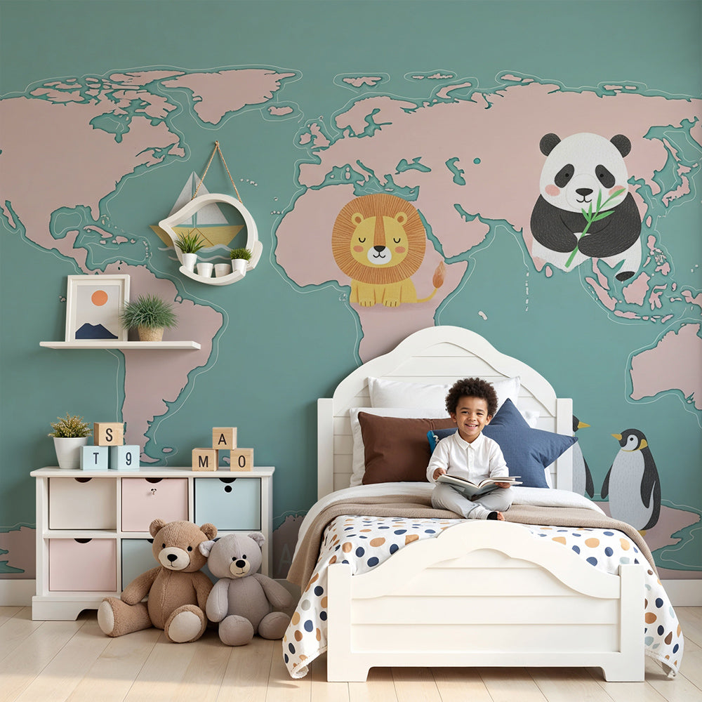 Kids-Mundo pink hand-drawn world map wall mural with lion and panda in a nursery