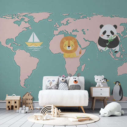 Kids-Mundo pink world map mural with penguins and Antarctica label in a playroom