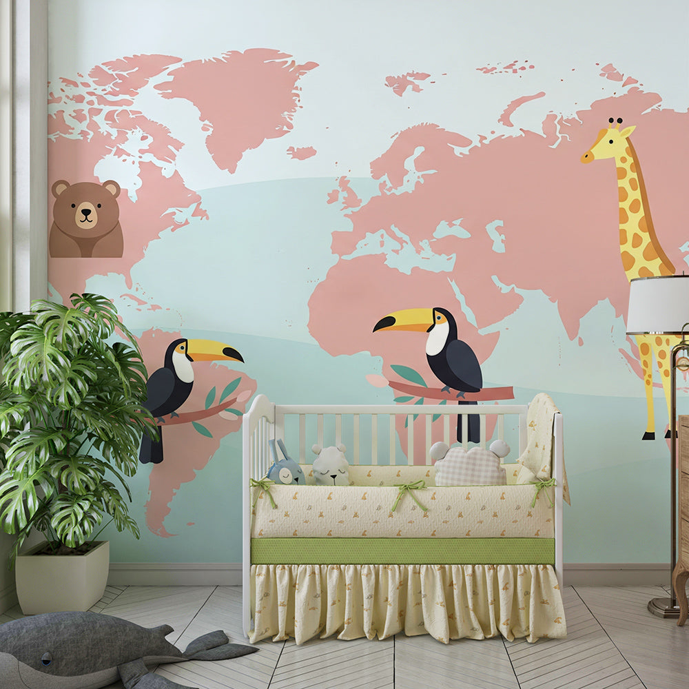 Kids-Mundo pink world map mural with giraffe and toucans in a kids bedroom
