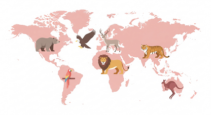 Kids-Mundo flat artwork of a blush-pink world map with bear, lion, tiger, parrot and kangaroo