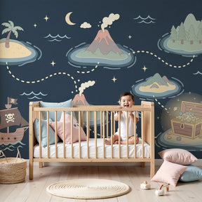 Pirate adventure mural wallpaper in modern kids bedroom with treasure island theme by Kids-Mundo