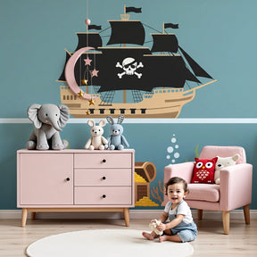 Pirate adventure mural wallpaper in children's bedroom showing treasure ship theme by Kids-Mundo