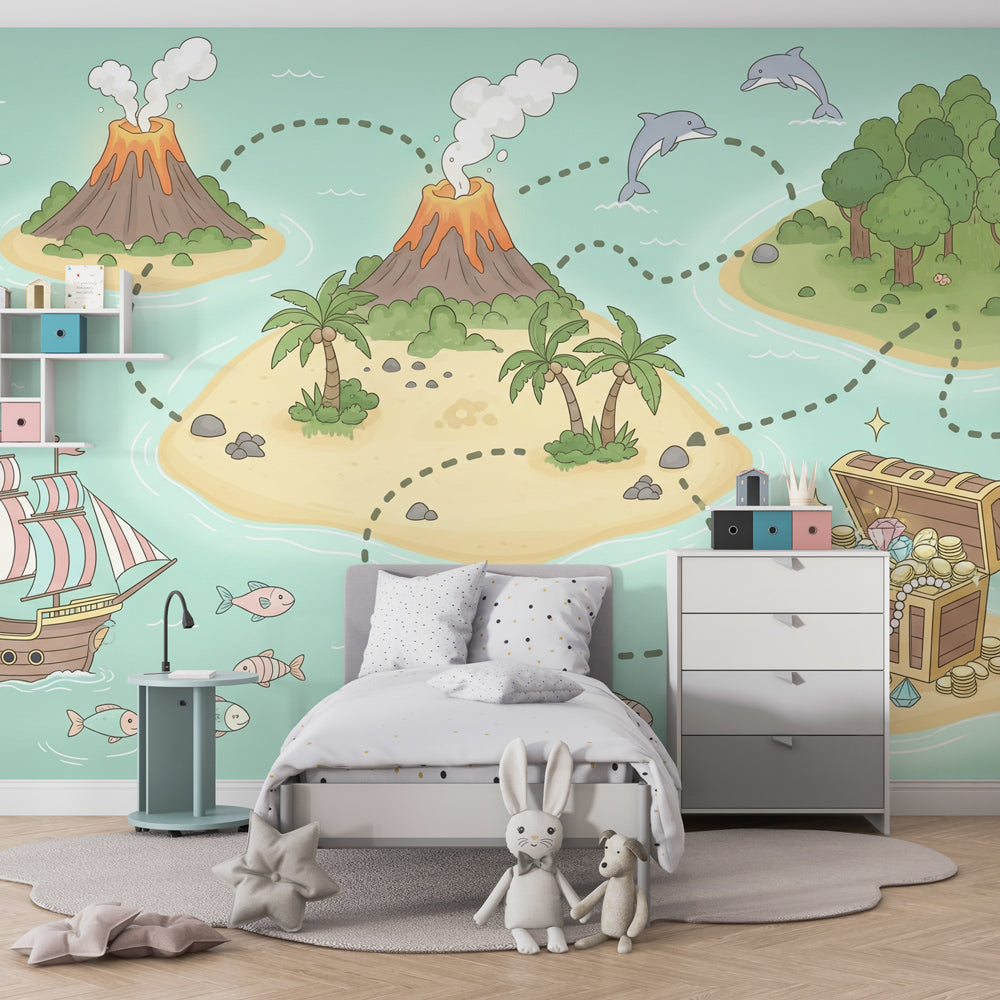 Children's bedroom featuring pirate ship mural wallpaper with tropical islands and dolphins