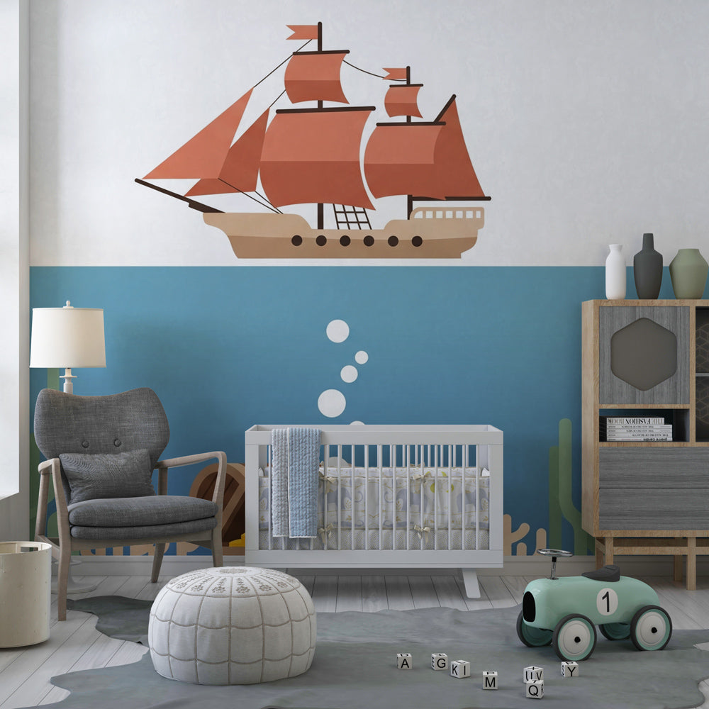 Ocean themed pirate wallpaper creating adventurous bedroom atmosphere for children