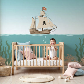 Pirate adventure mural wallpaper in modern boys bedroom with ship and ocean theme by Kids-Mundo