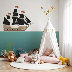 Pirate adventure mural wallpaper creating underwater treasure theme in modern boys bedroom by Kids-Mundo