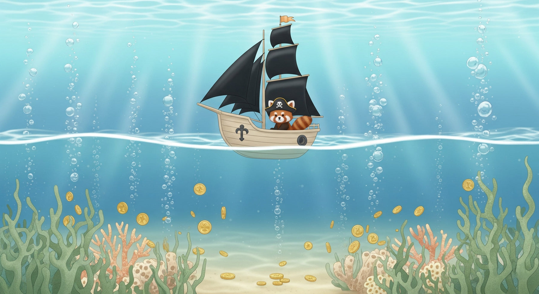 Detailed underwater pirate adventure mural wallpaper design pattern with red panda by Kids-Mundo