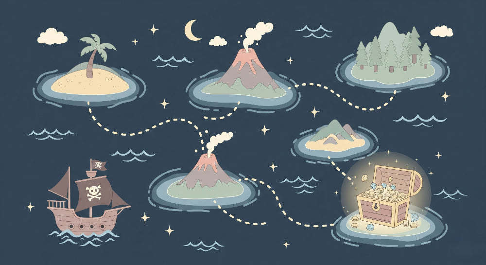 Detailed pirate adventure mural wallpaper design pattern with treasure islands and ocean scenes by Kids-Mundo