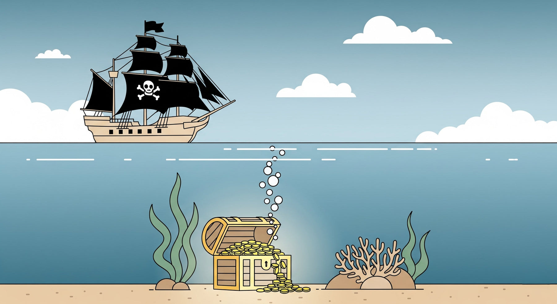 Detailed pirate ship and underwater treasure mural wallpaper design pattern by Kids-Mundo