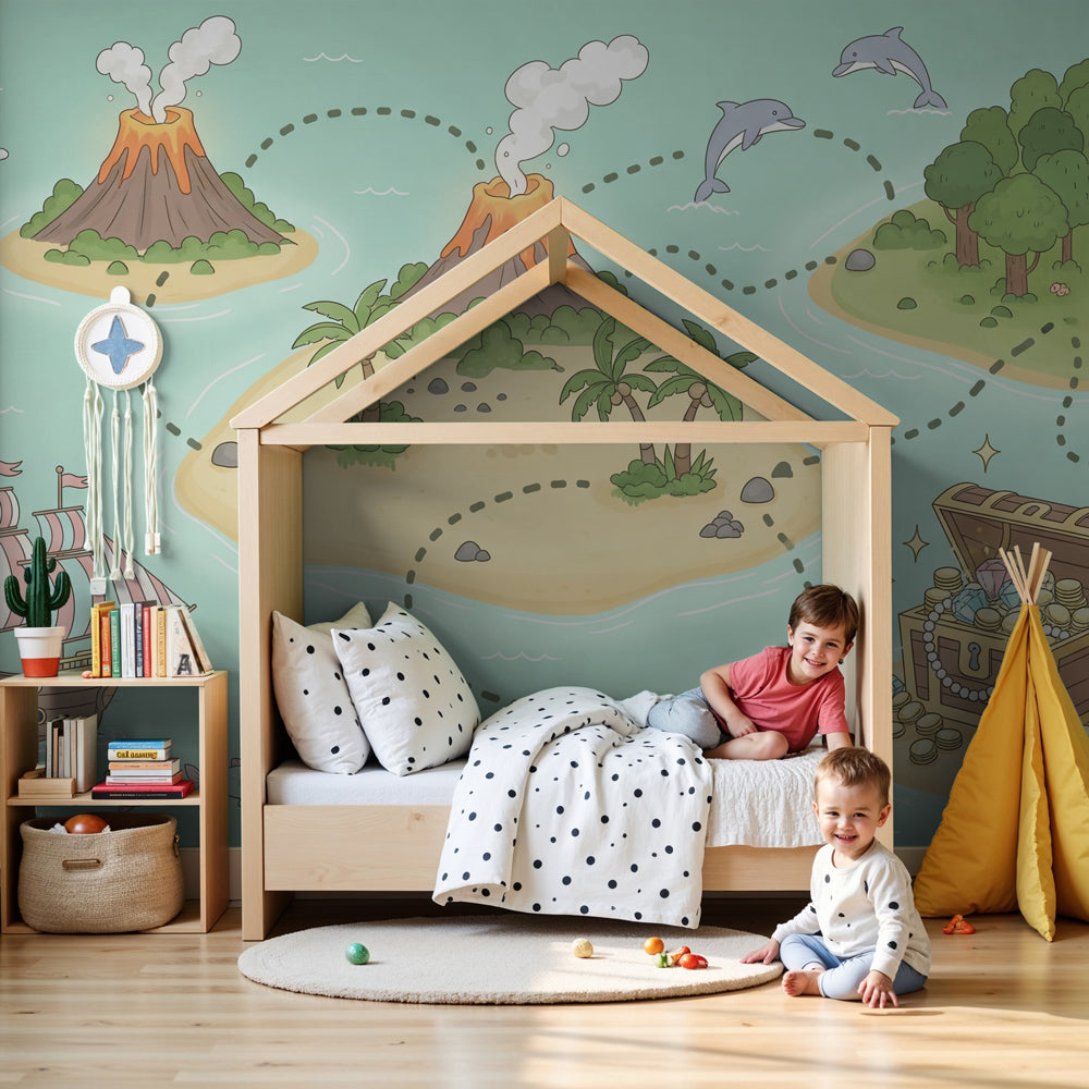 Pirate adventure mural wallpaper in modern nursery with treasure island theme by Kids-Mundo
