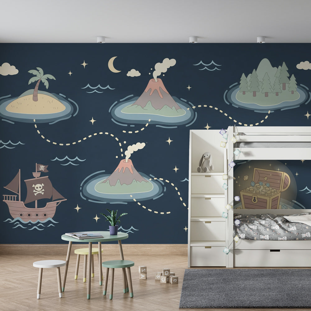 Ocean pirate themed mural wallpaper creating adventurous nursery decor with treasure map design