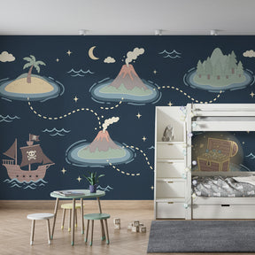 Ocean pirate themed mural wallpaper creating adventurous nursery decor with treasure map design