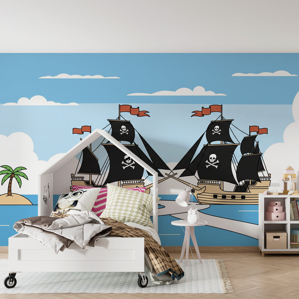 Ocean pirate ships mural wallpaper transforming nursery into maritime adventure space
