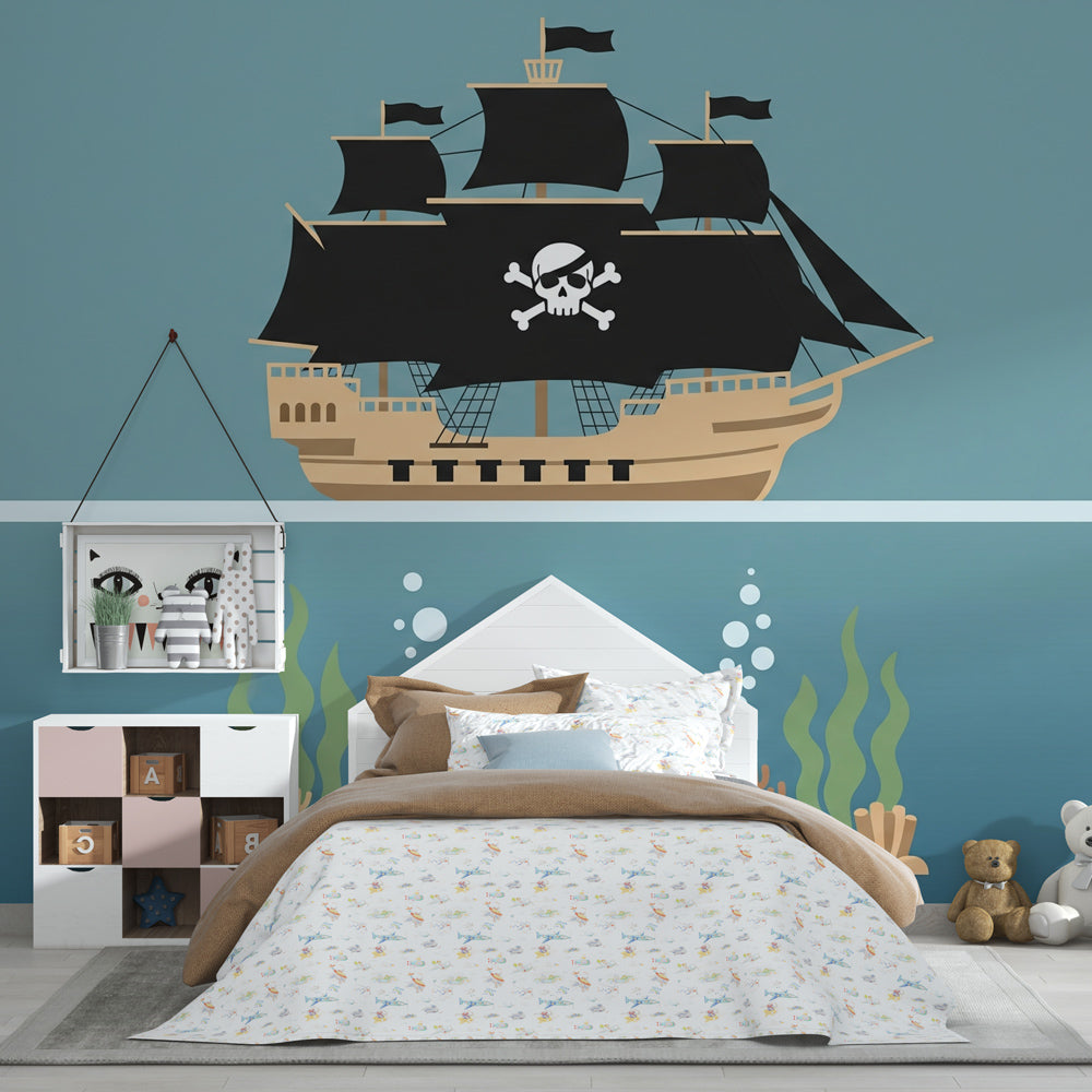 Ocean pirate mural wallpaper creating adventurous nursery decor with underwater treasure scene