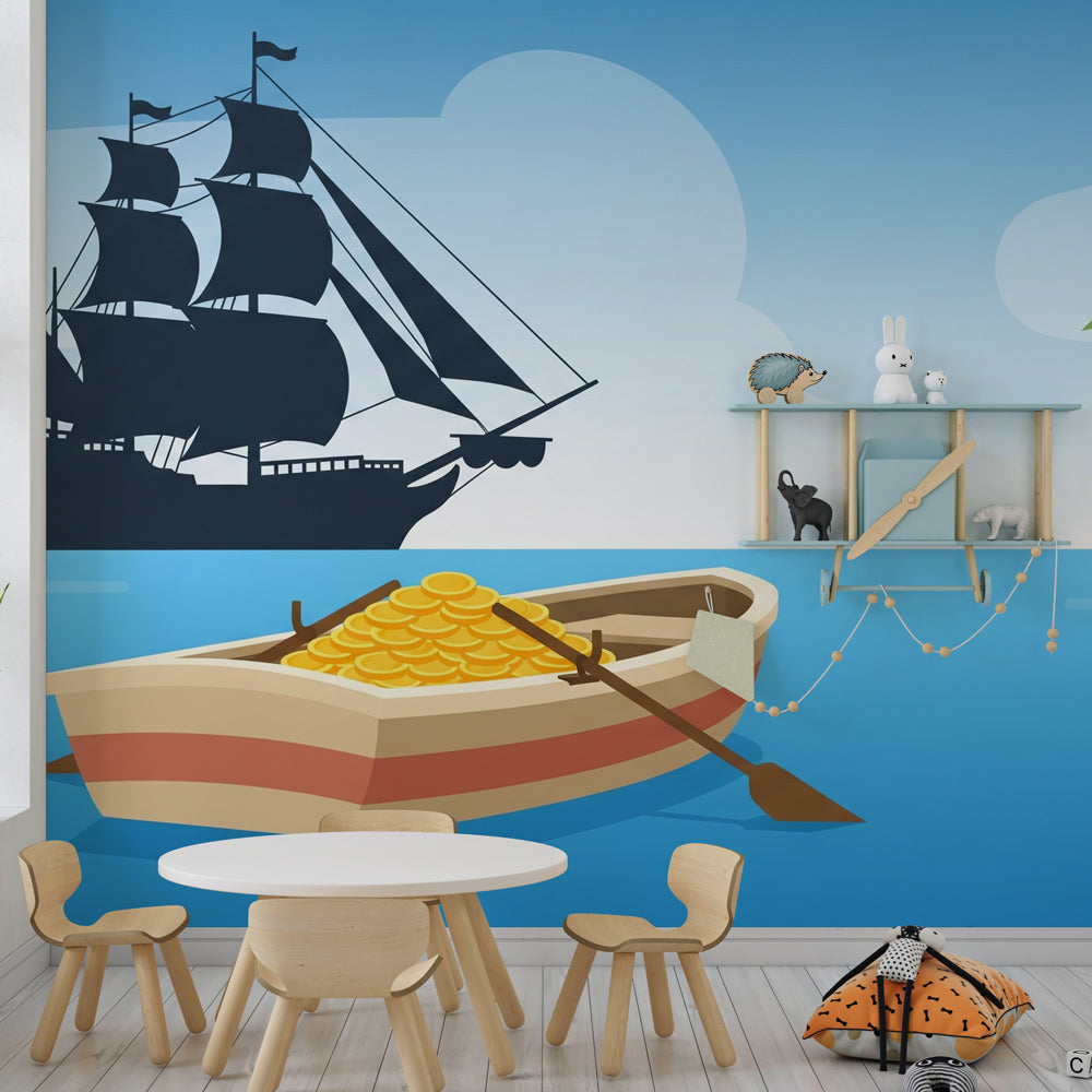 Ocean themed pirate wallpaper with treasure ship decorating modern kids nursery space
