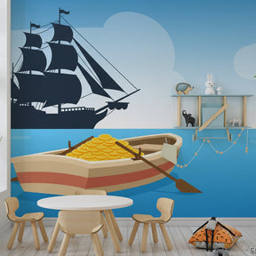 Ocean themed pirate wallpaper with treasure ship decorating modern kids nursery space