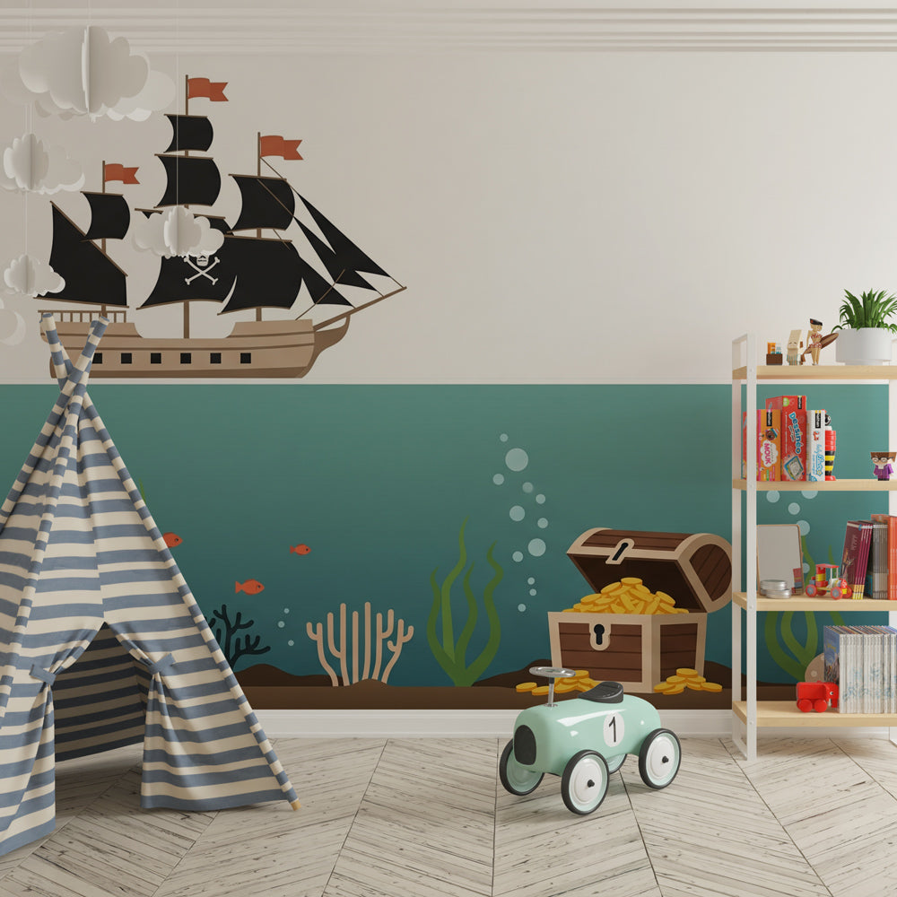 Underwater pirate ship wallpaper with treasure chest design for nautical themed nursery room