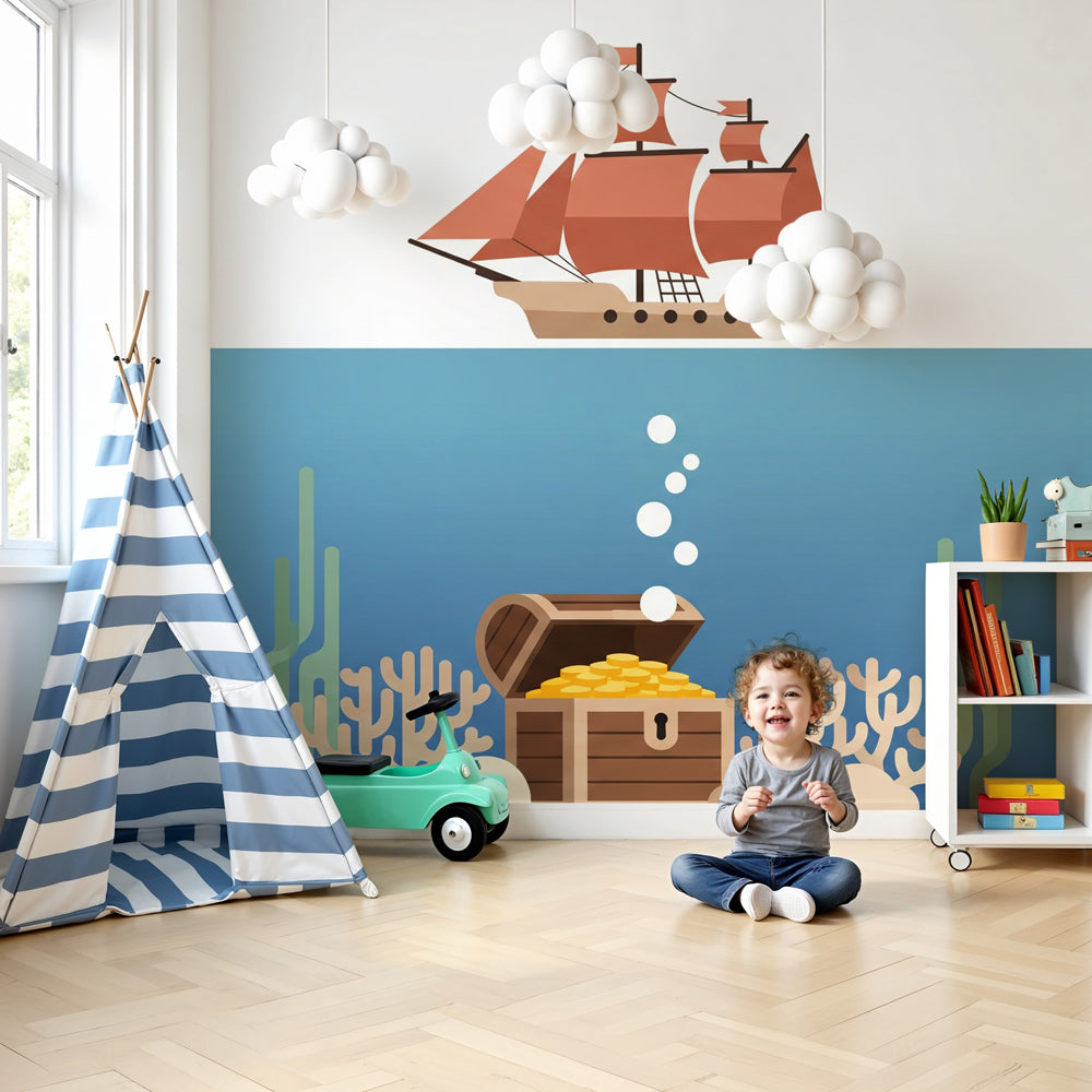 Pirate adventure mural wallpaper with underwater treasure theme in modern kids nursery by Kids-Mundo