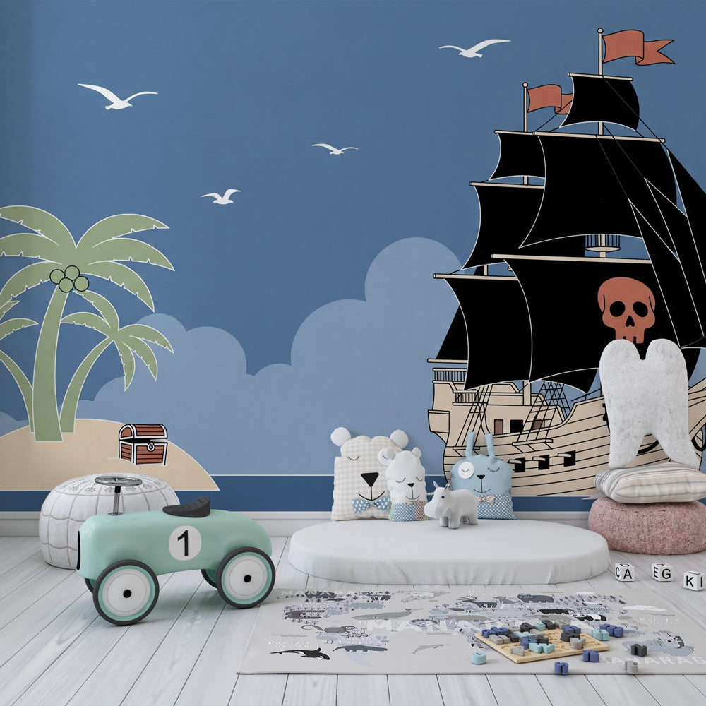 Children's pirate ship mural wallpaper inspiring imaginative play in colorful playroom