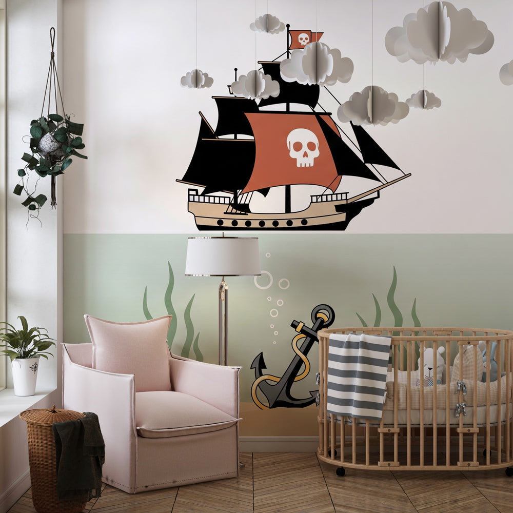 Pirate ship and treasure mural wallpaper creating immersive ocean theme in children's playroom