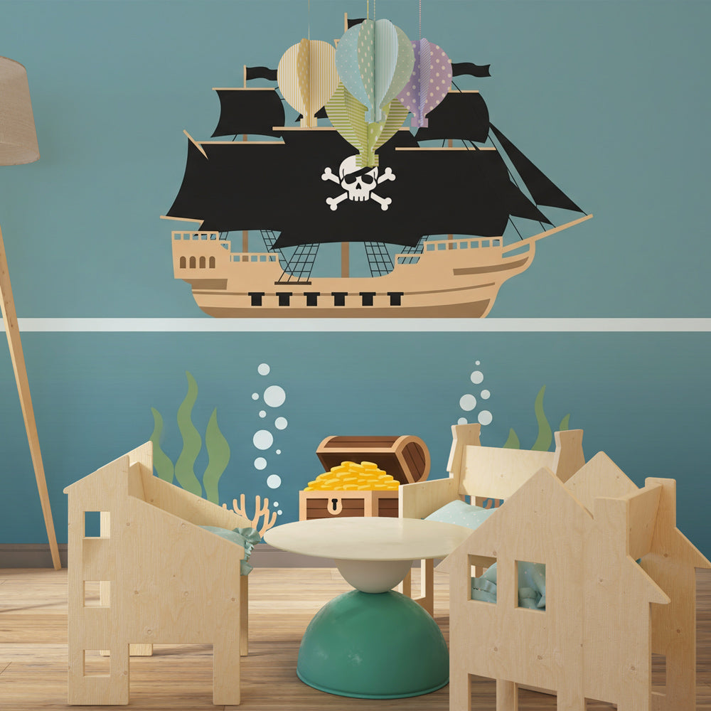 Pirate ship mural wallpaper for kids playroom featuring maritime adventure theme by Kids-Mundo
