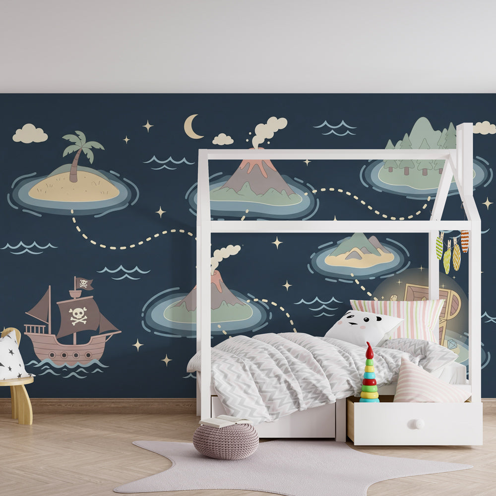 Pirate ship mural wallpaper transforming children's playroom into treasure island adventure space