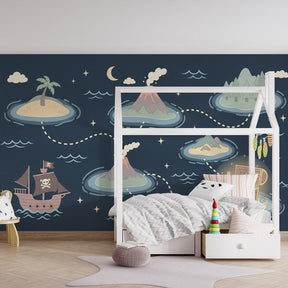 Pirate ship mural wallpaper transforming children's playroom into treasure island adventure space