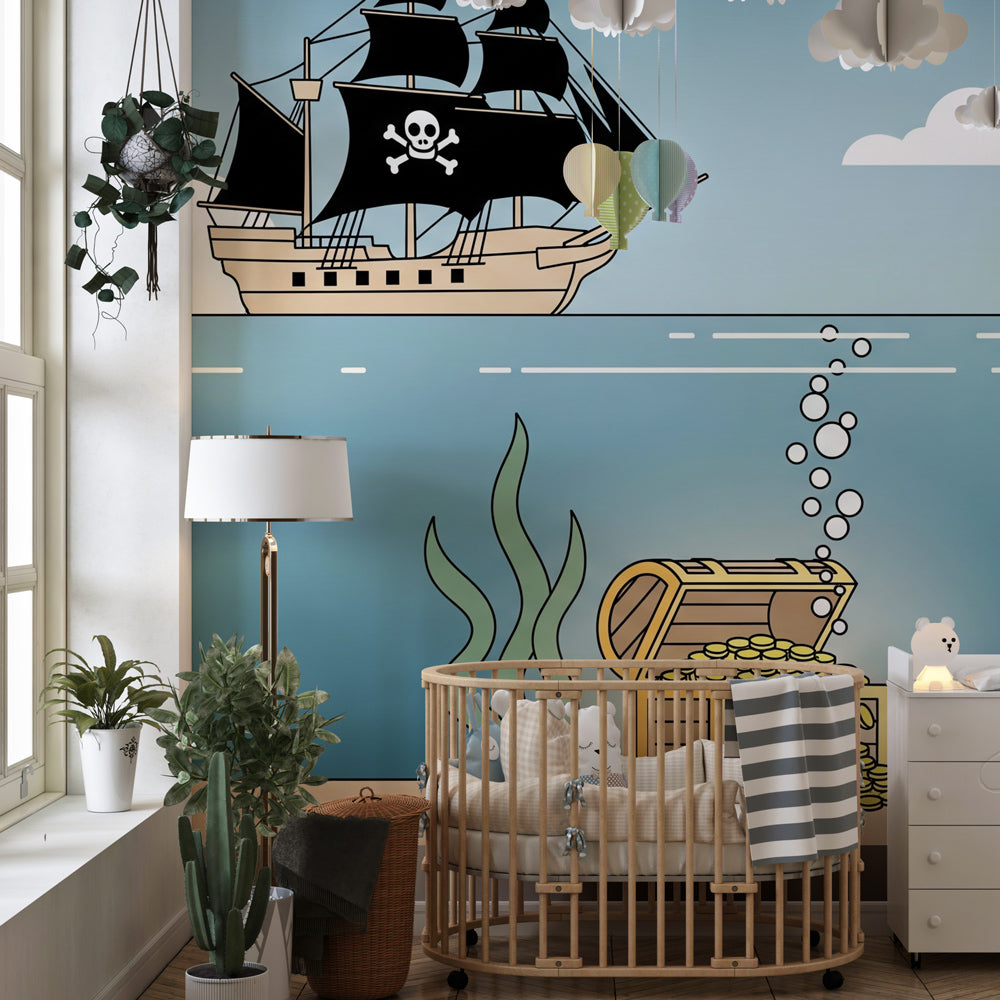Ocean themed pirate mural wallpaper transforming children's playroom into adventure zone