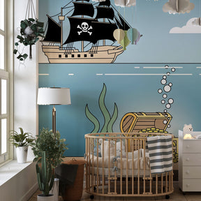 Ocean themed pirate mural wallpaper transforming children's playroom into adventure zone