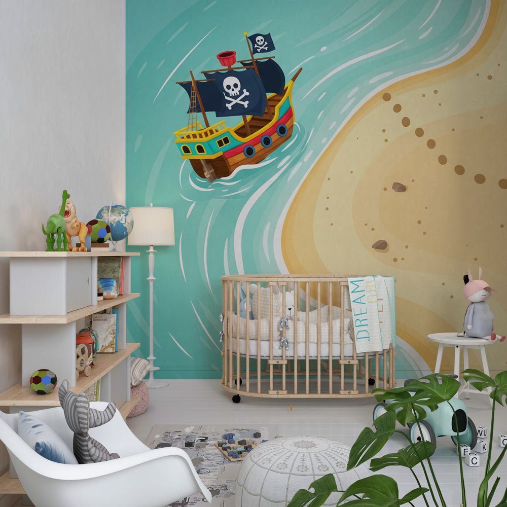 Adventure pirate mural wallpaper inspiring imaginative play in bright children's playroom decor