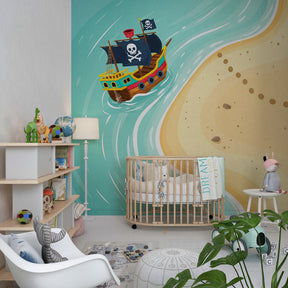 Adventure pirate mural wallpaper inspiring imaginative play in bright children's playroom decor
