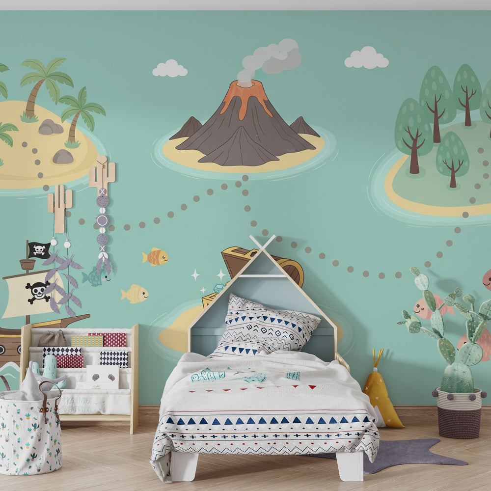 Pirate ship and treasure chest mural wallpaper creating imaginative playroom atmosphere for kids
