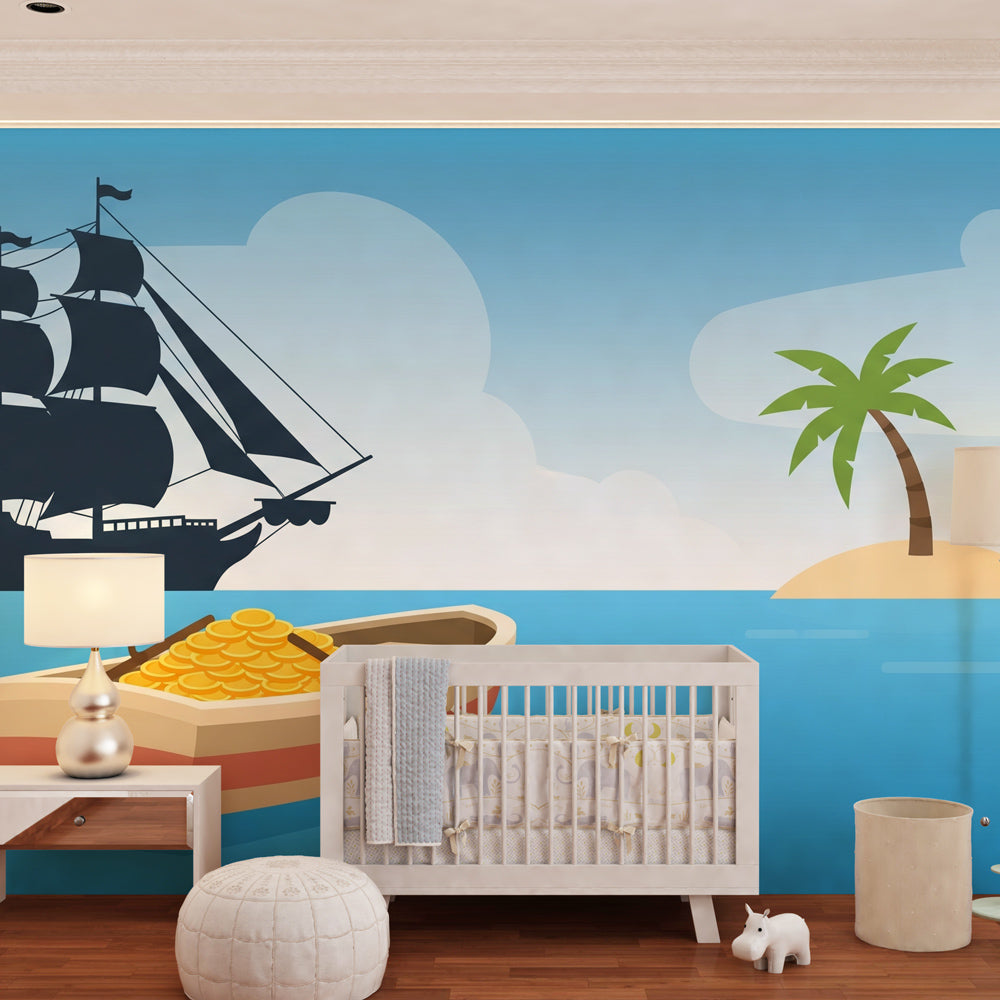 Treasure hunt pirate mural wallpaper transforming children's playroom into maritime adventure space