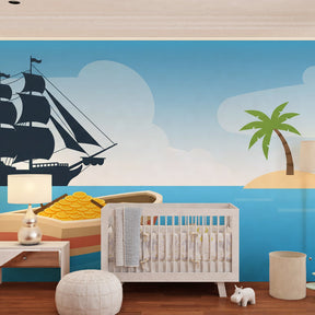 Treasure hunt pirate mural wallpaper transforming children's playroom into maritime adventure space