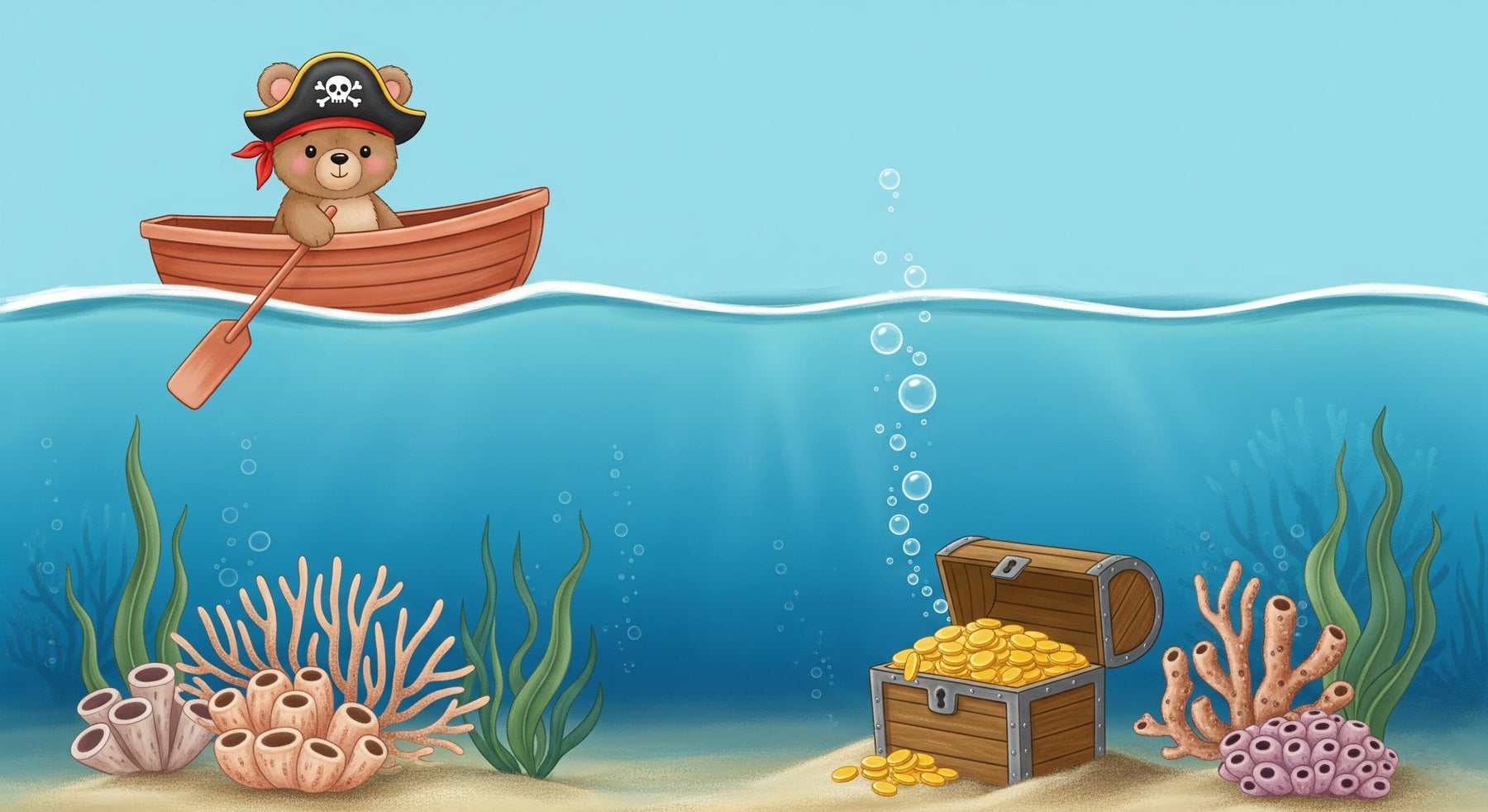 Detailed pirate bear ocean adventure mural wallpaper design pattern with treasure chest by Kids-Mundo