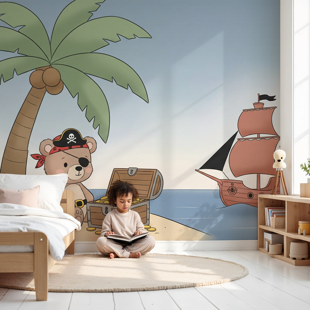 Pirate bear mural wallpaper in modern nursery with tropical beach theme by Kids-Mundo