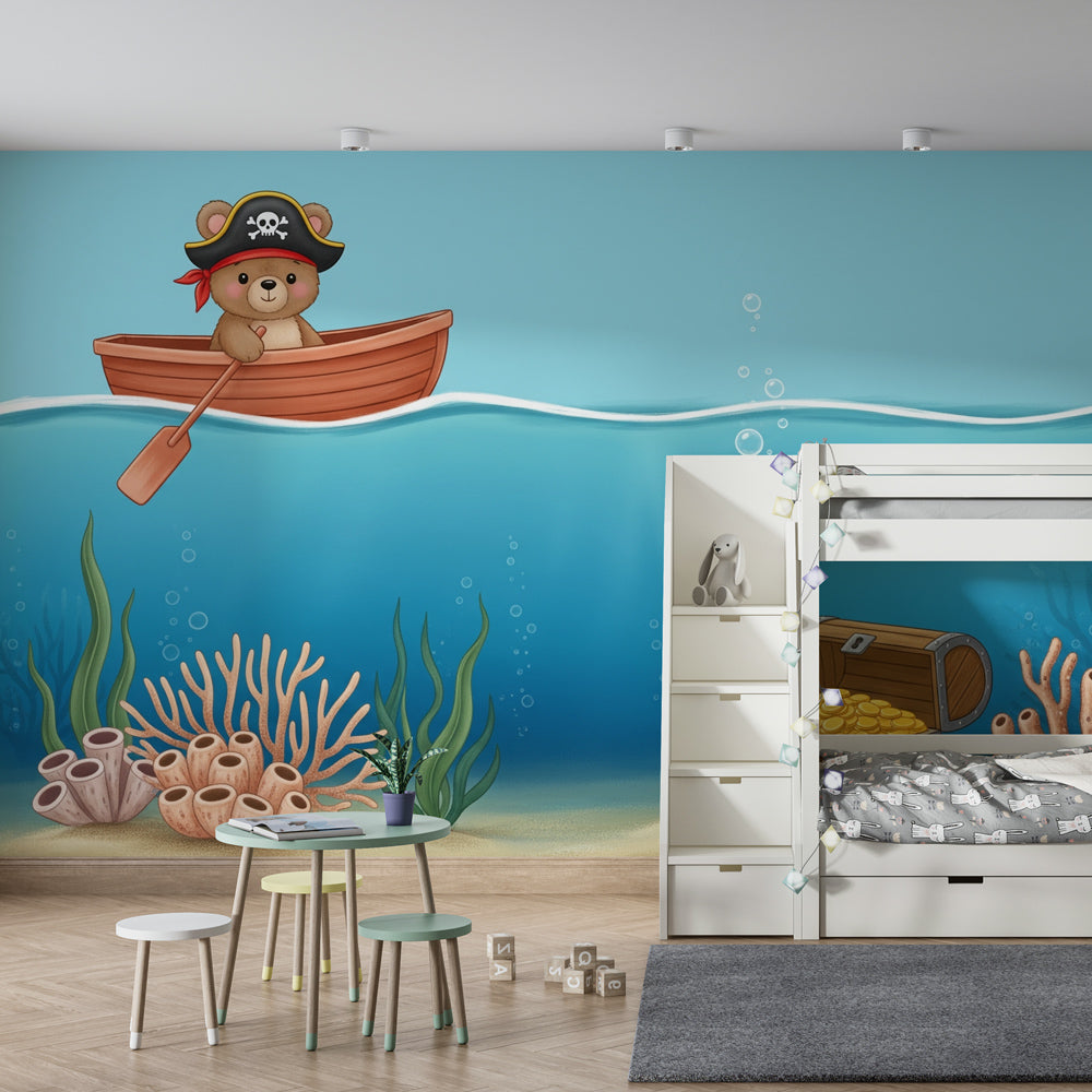 Adventure pirate bear mural wallpaper with treasure chest creating magical kids playroom atmosphere