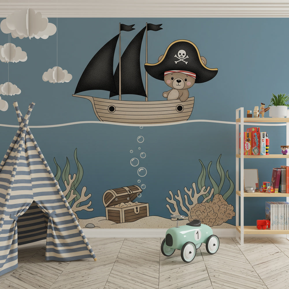 Ocean adventure bear pirate mural wallpaper transforming children's playroom into underwater kingdom