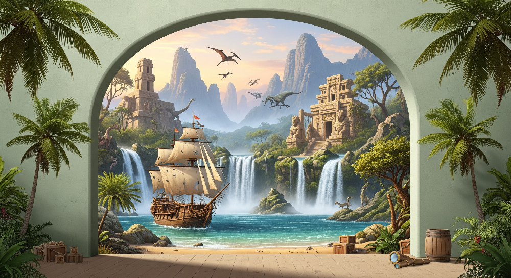 Tropical Pirate Cove with Dinosaurs Wall Mural