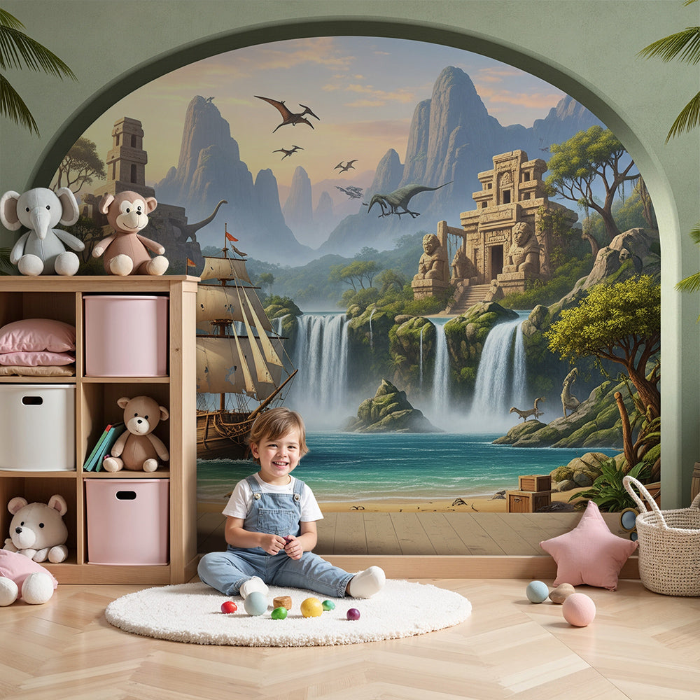 Kids-Mundo pirate cove dinosaur wall mural in a bright coastal-themed nursery