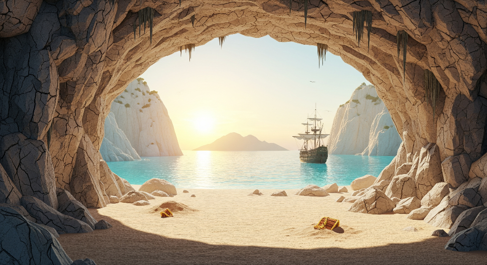 Kids-Mundo flat artwork of a cave arch overlooking a sunrise pirate cove, used for this made-to-measure mural.