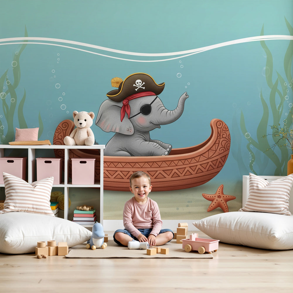 Pirate elephant underwater mural wallpaper in modern nursery setting by Kids-Mundo